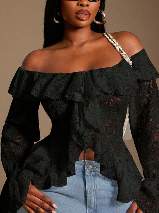 MODA ME COUTURE Tops - Elegant Women's Plus Size Ruffle Trim Off Shoulder Long Sleeve Sheer Lace Blouse
